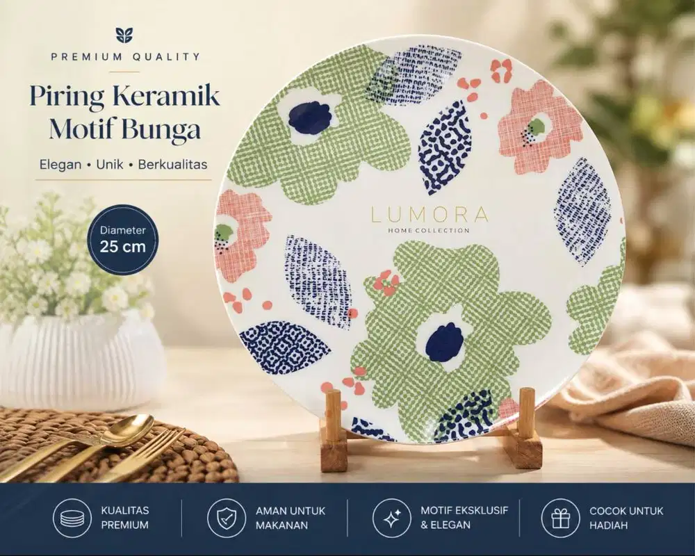 Piring Keramik Motif Bunga Premium 25cm Elegan