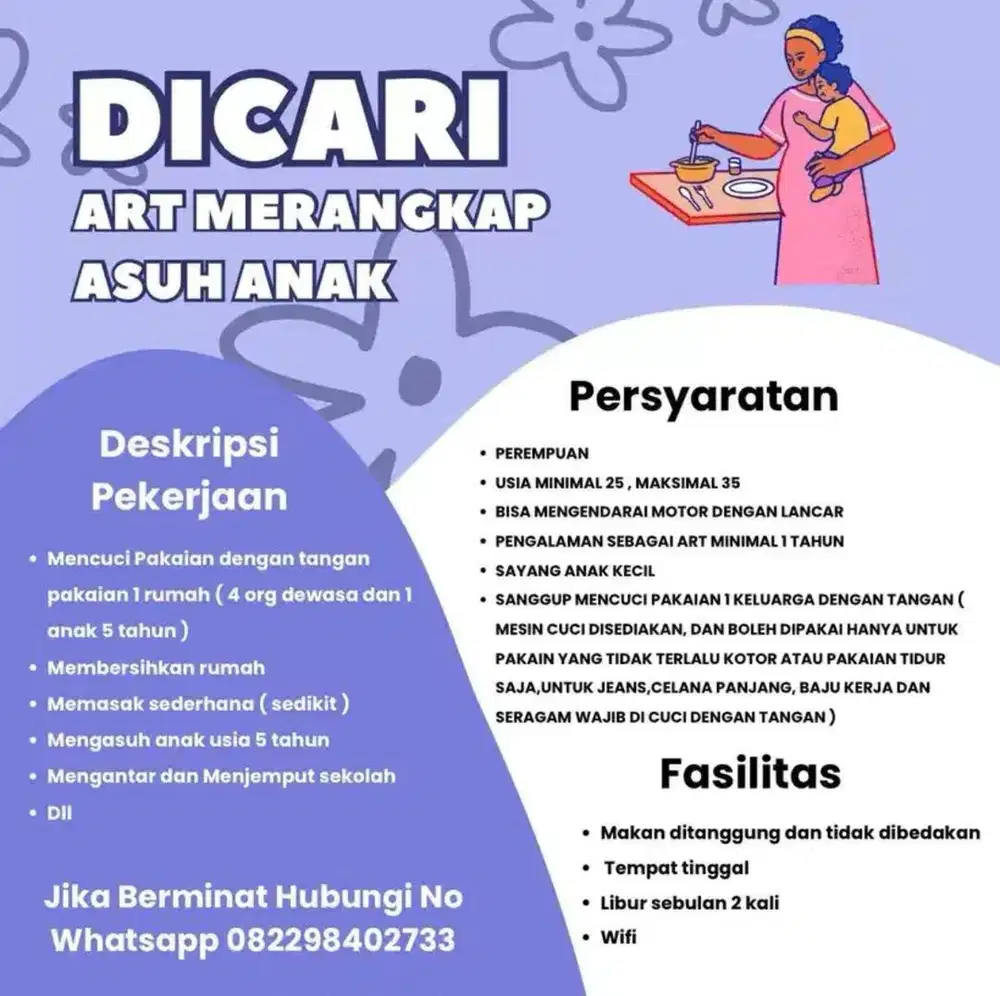 LOWONGAN KERJA ART MERANGKAP ASUH ANAK