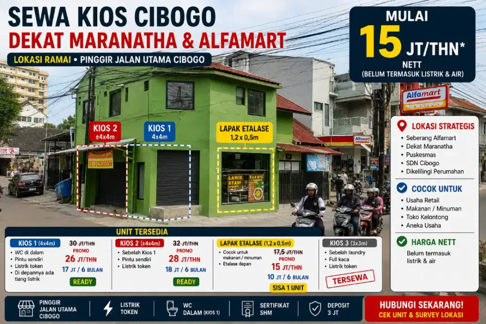 Sewa Kios Ramai Belakang Maranatha Seberang Alfamart Cibogo Pasteur