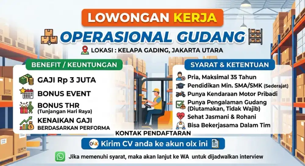 Dibutuhkan karyawan operasional gudang, gaji 3jt di kelapa gading