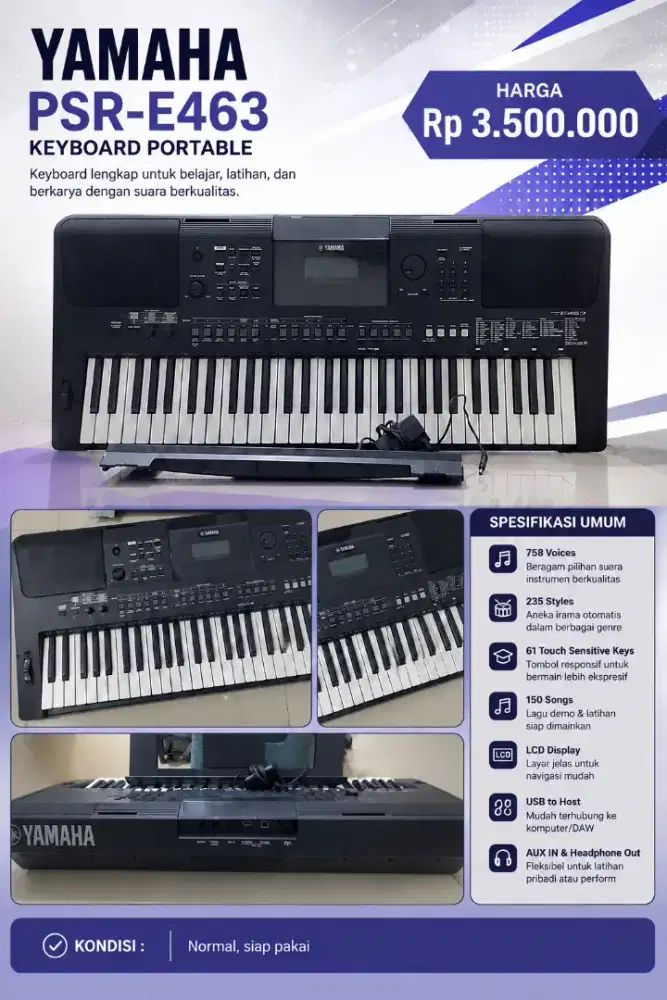 Yamaha PSR E463 bekas, bisa flash disk