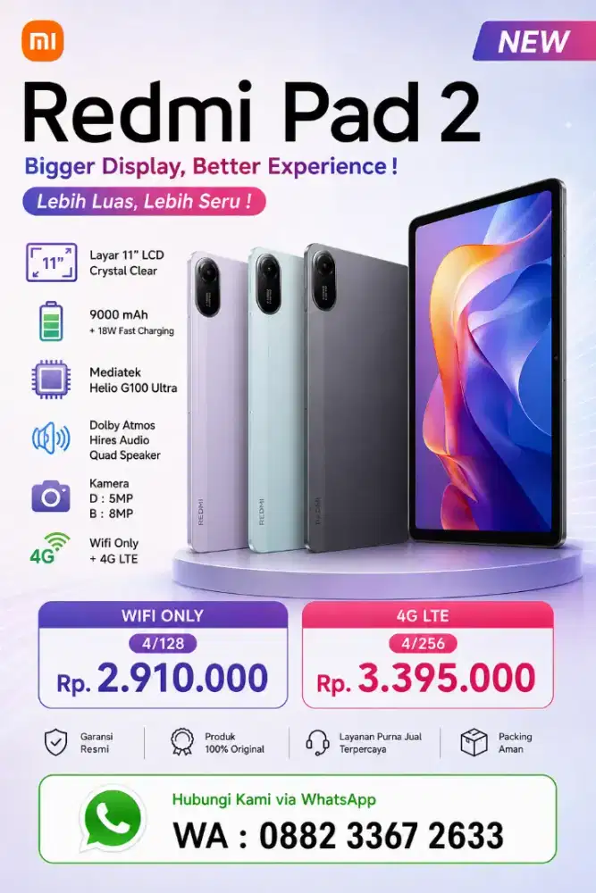 REDMI PAD 2 4G 11 NEW ,HARGA PROMO,BISA COD