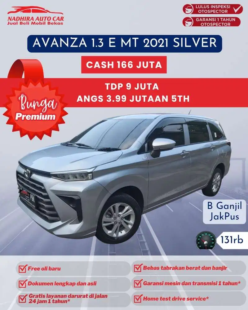 Angsuran Bunga Premium 3 Jutaan Avanza 1.3 E MT 2021 Silver