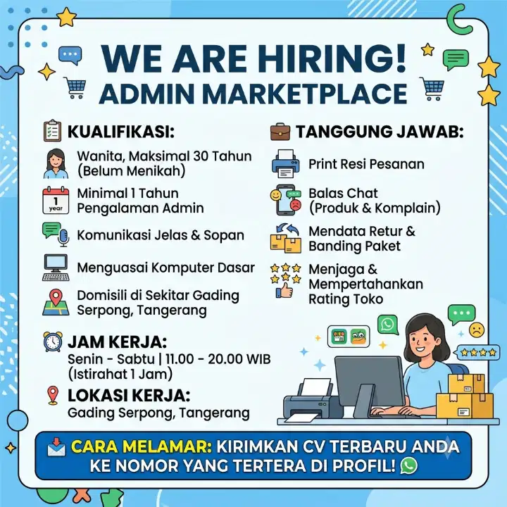 Dibutuhkan Segera : Admin Marketplace Wanita - Gading Serpong
