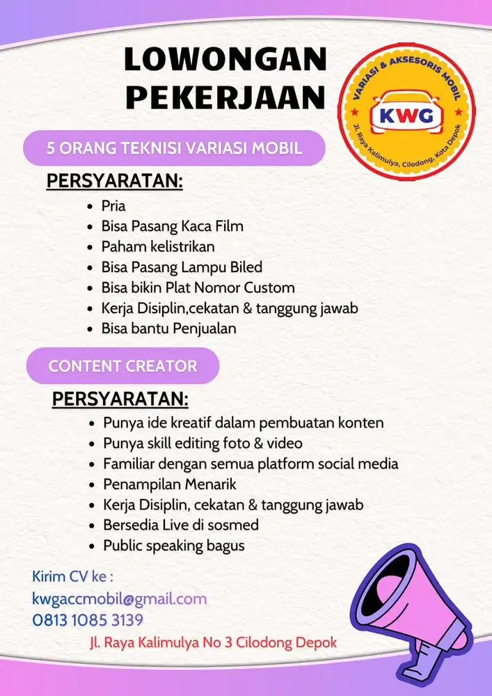 LOKER TEKNISI VARIASI MOBIL & MARKETING