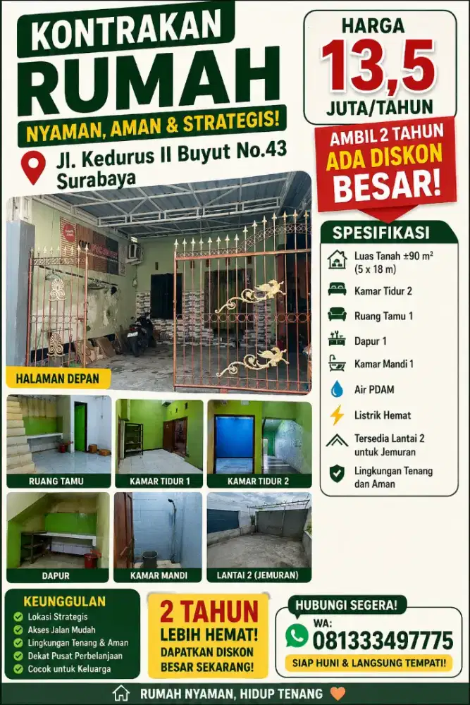 Kontrakan Rumah 2 Kamar Kedurus II Buyut No.43 Surabaya | Rp13,5 Juta