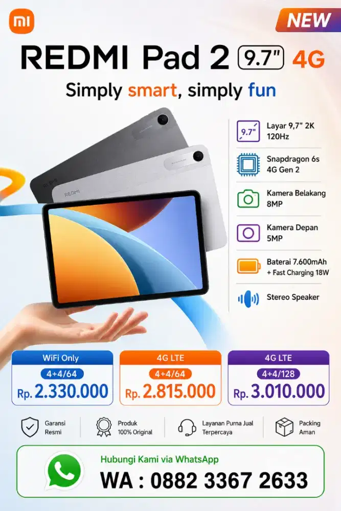 REDMI PAD 2 9.7 4G NEW, HARGA PROMO, GARANSI RESMI