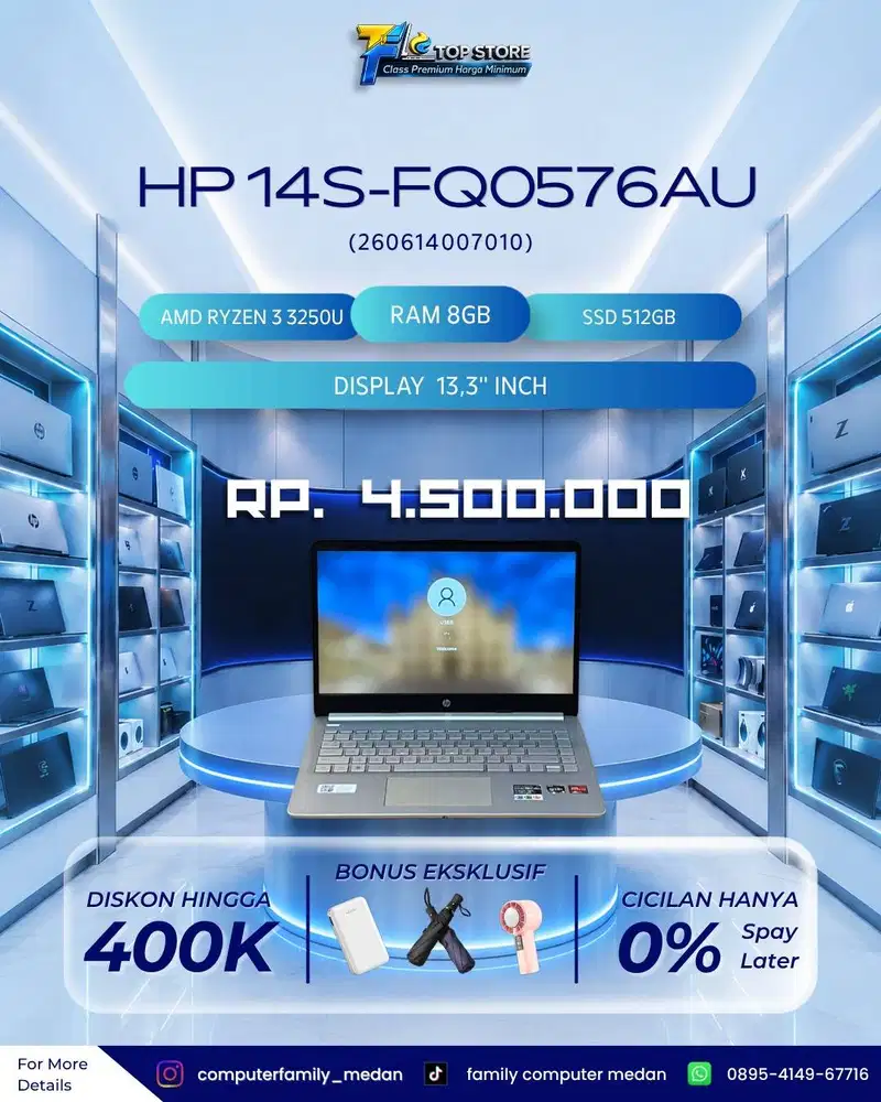 HP 14s-fq0576AU AMD RYZEN 3 3250U, RAM 8/512 SSD BACKLITE