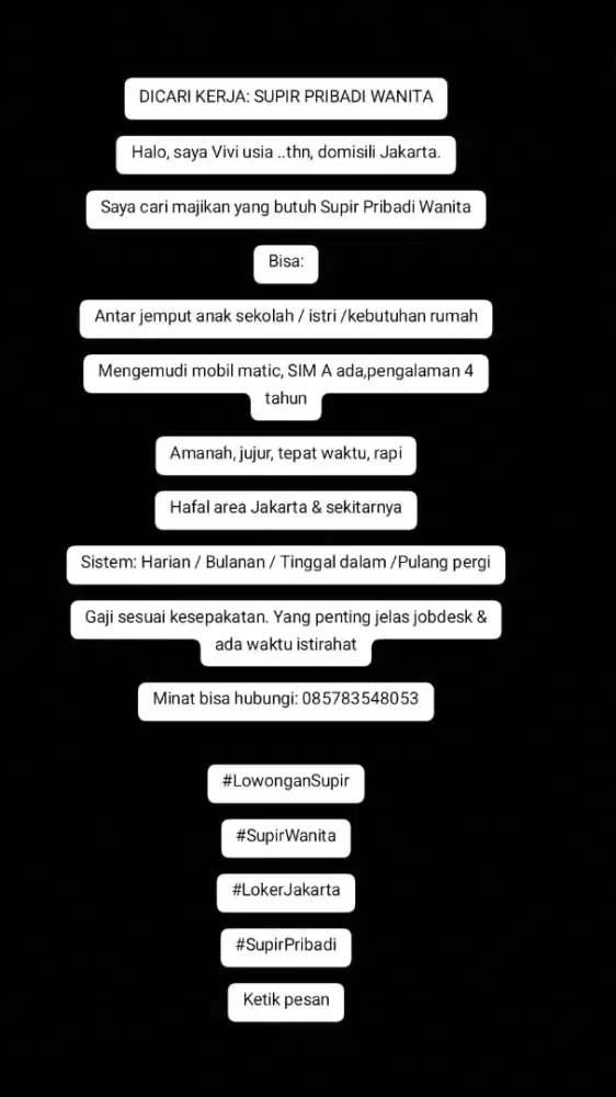 DICARI KERJA: SUPIR PRIBADI WANITA
