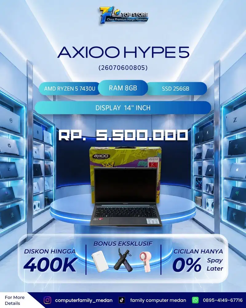 AXIOO HYPE 5 AMD X5-2 8/256GB SSD AMD  RYZEN 5 7430U FULLSET-GARANSI