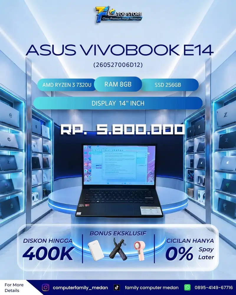 ASUS VIVOBOOK E1404FA AMD RYZEN 3-73200 8/256 SSD GARANSI RESMI