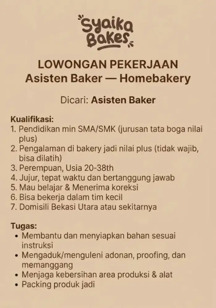 LOWONGAN ASISTEN BAKER