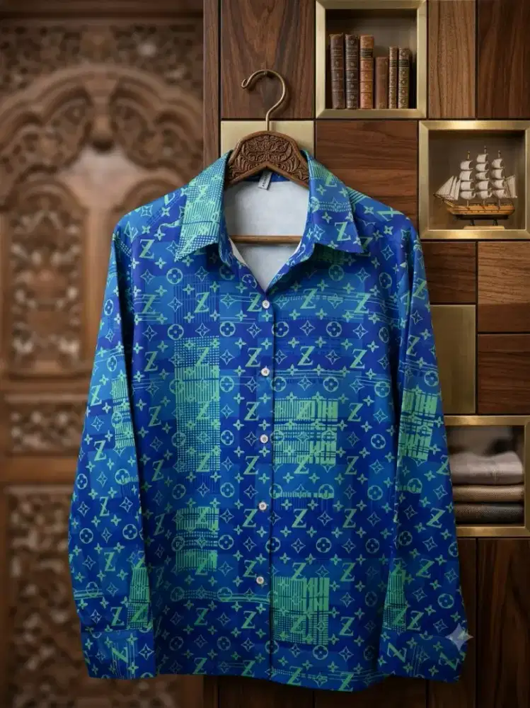 Kemeja Monogram Vintage Blue tosca , Motif Eksklusif Premium