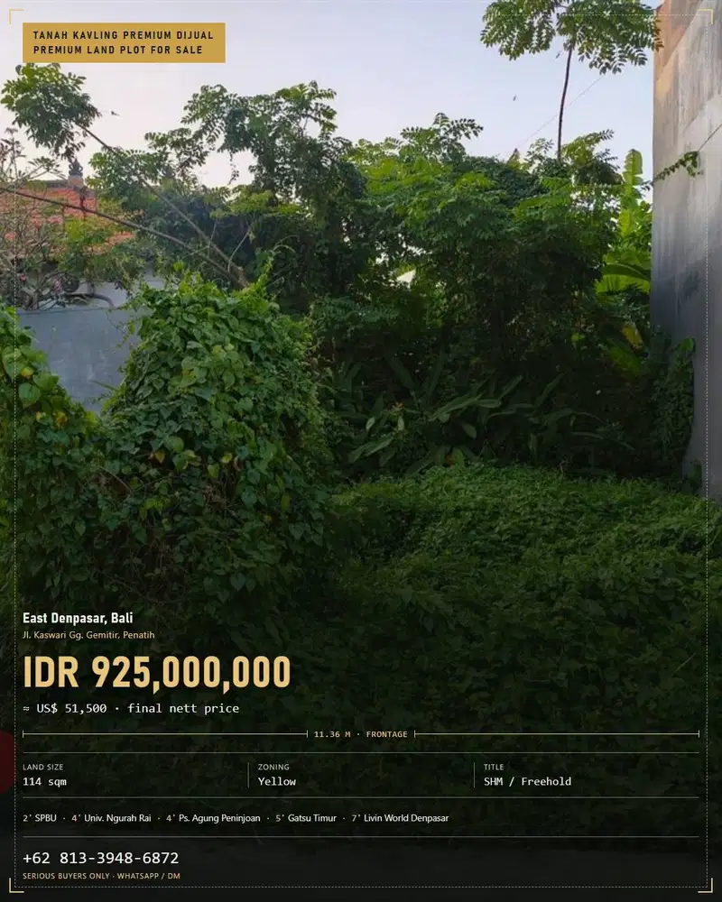 Tanah Penatih Denpasar Timur 1,14 Are SHM Lokasi Strategis Siap Bangun