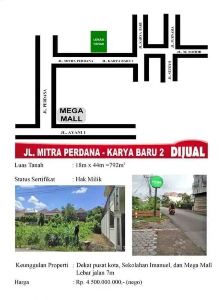 Dijual Tanah SHM Mitra Perdana Karya Baru 2 Pontianak Dekat MegaMall