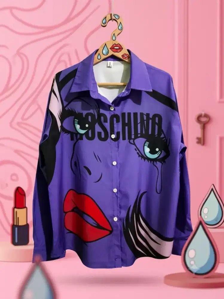 Kemeja Print Comic Graphic Purple Flowy & Trendy