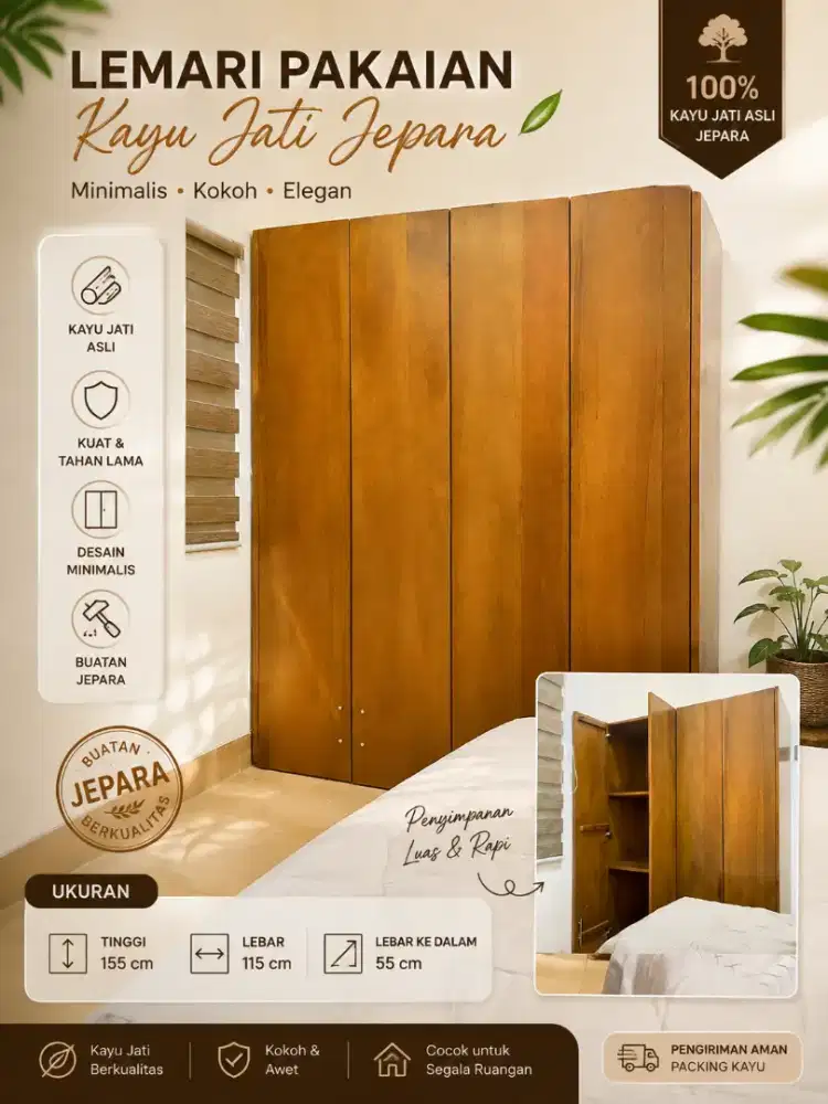 Lemari pakaian minimalis bahan kayu jati