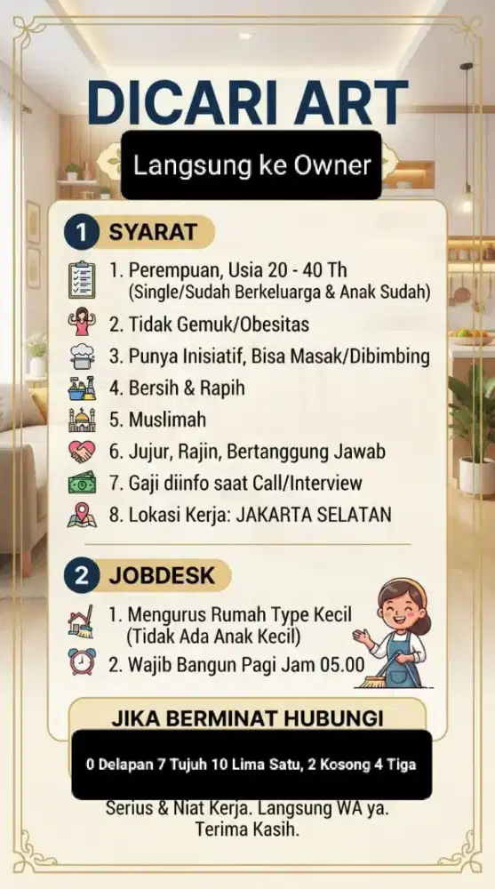 Dicari ART, tanpa perantara langsung ke owner