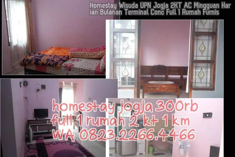 Sewa Rumah Keluarga Yogya Mingguan Bulanan Harian Amik 2KT Keluarga AC