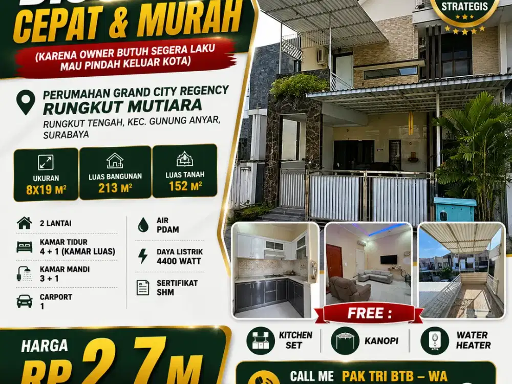 RUNGKUT TENGAH – 2 LANTAI EDISI B.U!! RUMAH DIJUAL DI PERUMAHAN GRAND CITY REGENCY RUNGKUT MUTIARA