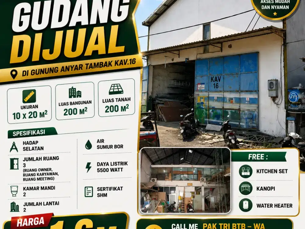 GUNUNGANYAR TAMBAK – LUAS 200 M2!! DIJUAL GUDANG SIAP PAKAI DI SURABAYA TIMUR