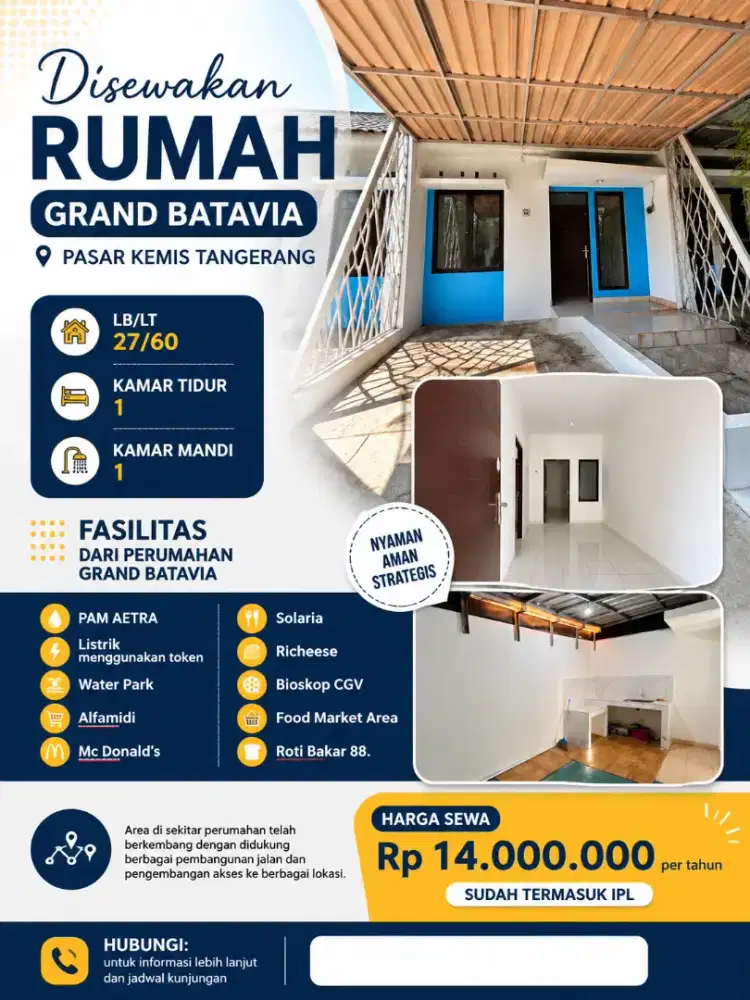 Disewakan Rumah Cluster Grand Batavia Pasar Kemis Tangerang