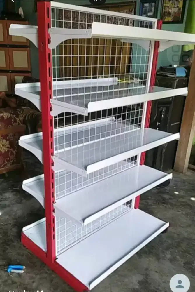 rak gondola double bekas warna putih.
Rak supermarket double