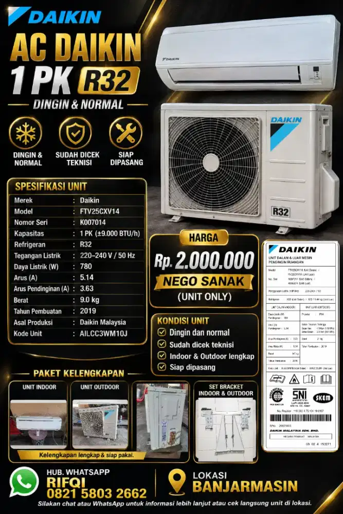 AC Daikin 1 PK R32 FTV25CXV14 Bekas – Dingin Normal, Lengkap + Bracket