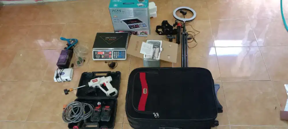 Koper, tripod, timbangan, setrika, jet cleaner, aerator dan filter air