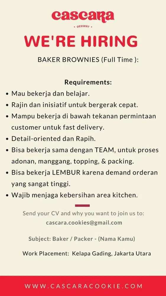 LOWONGAN KERJA BAKER BROWNIES COOKIES