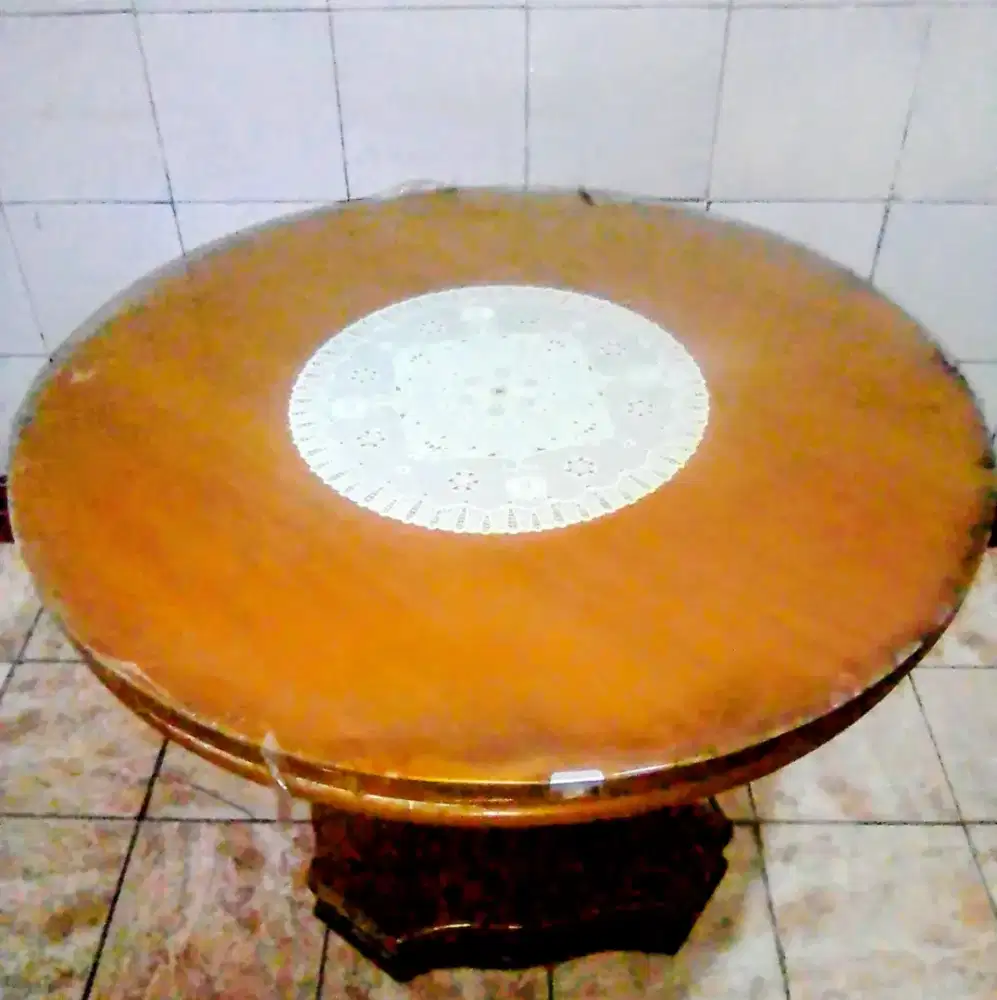 Meja Makan Bundar Bulat Jati Asli Lapis Kaca