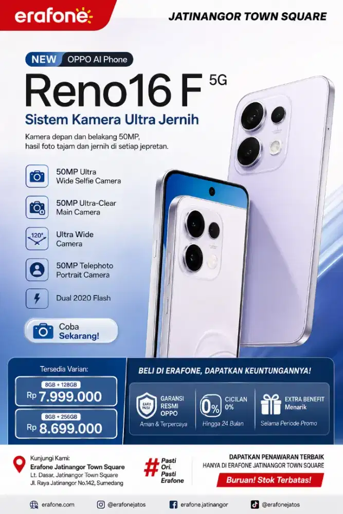 NEW OPPO Reno16 F 5G SUDAH HADIR DI ERAFONE JATINANGOR TOWN SQUARE!