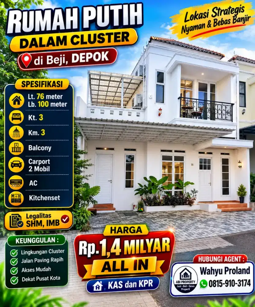 Rumah Murah 2 Lantai dalam Cluster Villa Amarilis di Beji, Depok