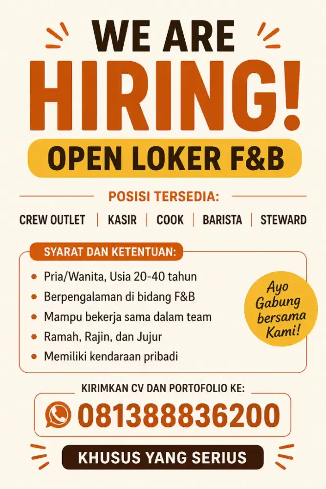 Lowongan kerja F&B operator fast food