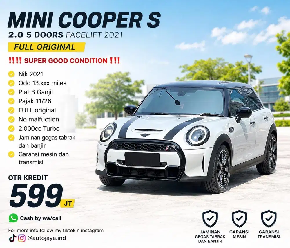 Mini Cooper S LCI 2.0 Turbo Nik 2021 Like New Garansi 1 Tahun