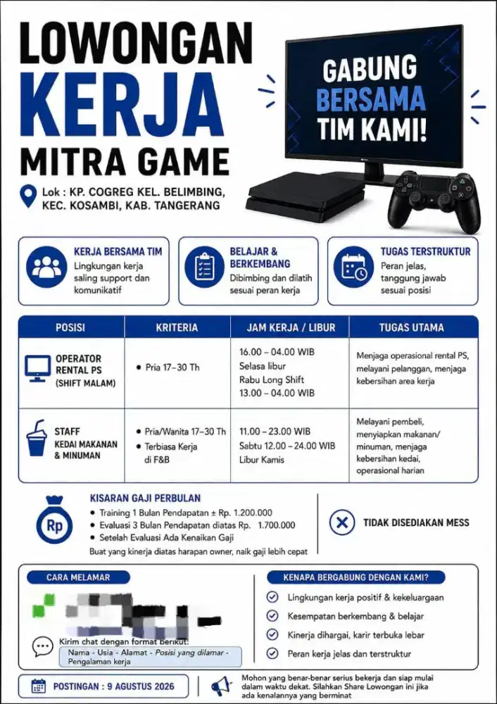 dibutuhkan secepatnya, untuk menjaga rental PS dan jaga kedai
