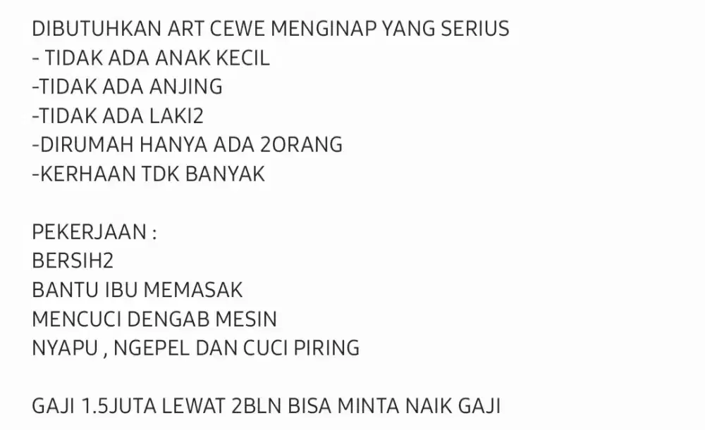 DIBUTUHKAN ART CEWE MENGINAP YANG SERIUS