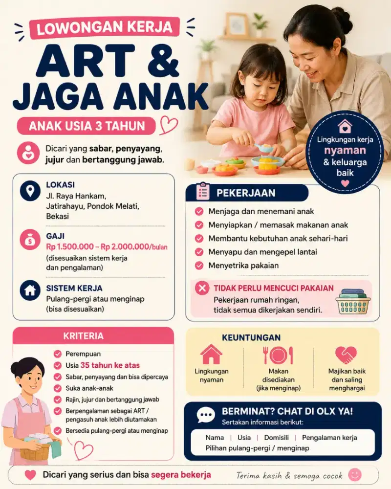 LOWONGAN ART & JAGA ANAK USIA 3 TAHUN – JATIRAHAYU BEKASI