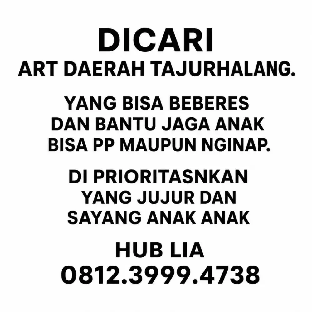 CARI ASISTEN RUMAH TANGGA