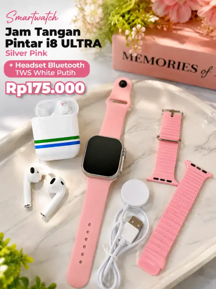 Smartwatch i8 ULTRA Jam Tangan Pintar Silver Pink Headset Bluetooth