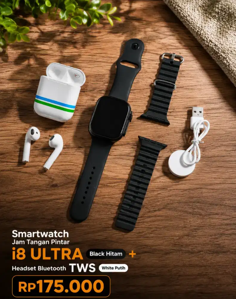 Smartwatch i8 ULTRA Jam Tangan Pintar Hitam Black + Headset Bluetooth