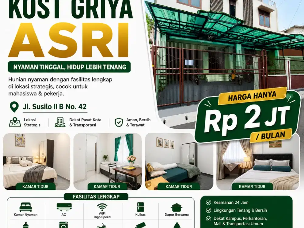 Sewa Kost Premium Campur di Griya Asri Full Furnish Cuma 2 JT/Bulan Hunian Nyaman untuk Mahasiswa & Karyawan Book Now!!
