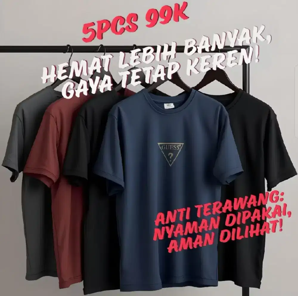 Paket 5 Kaos T-Shirt Cotton PE 24S hanya 99 ribu, kaos unisex