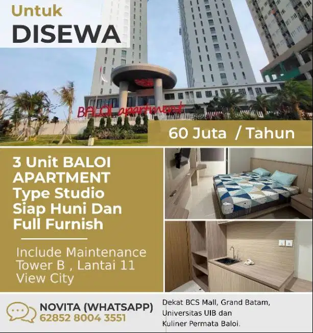 3 Unit BALOI APARTMENT Type Studio, Siap Huni Dan Full Furnish