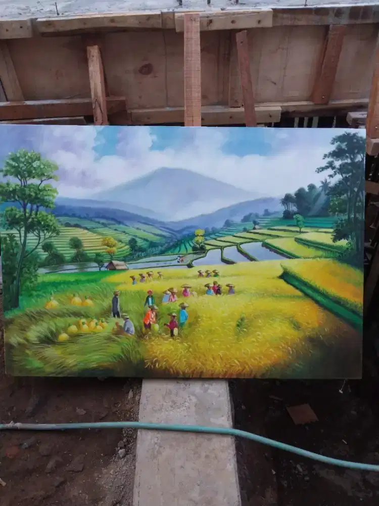 Dijual lukisan kanvas pemandangan sawah 90x130 cm