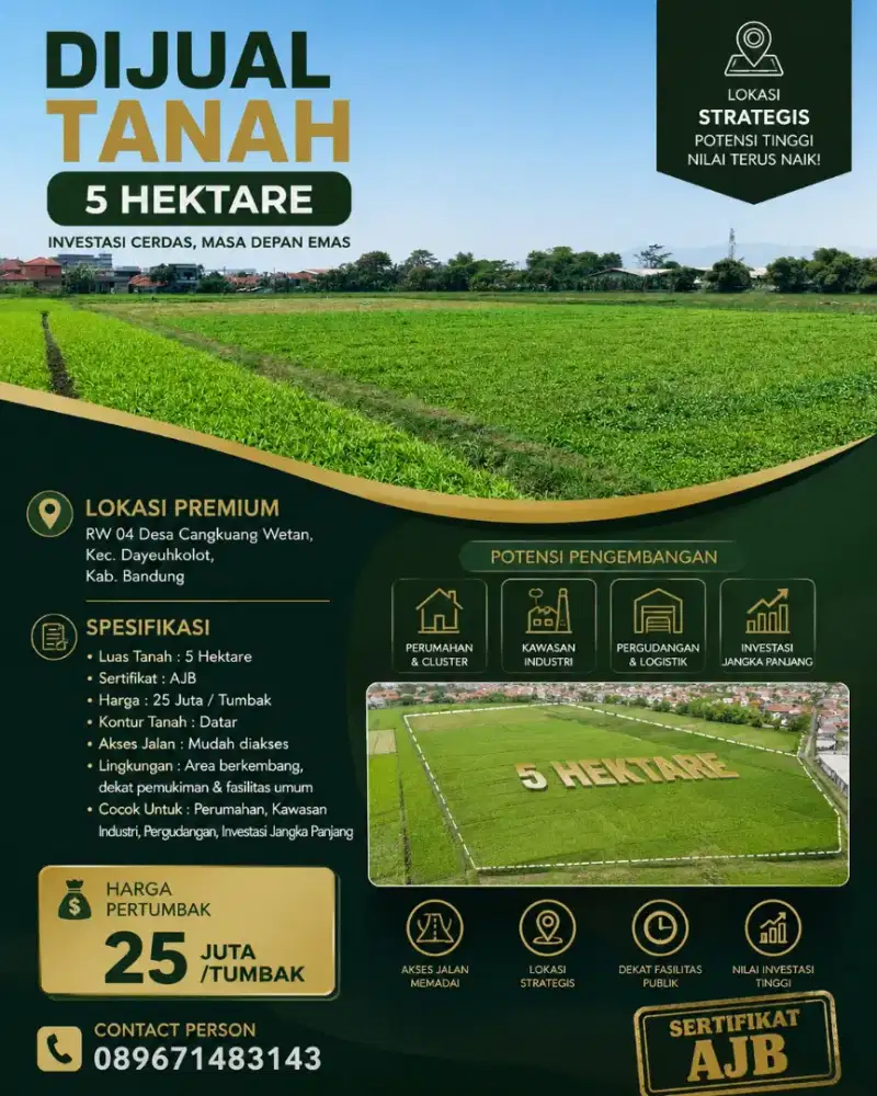 Dijual Tanah 5 HA, Cangkuang Wetan. Kab. Bandung