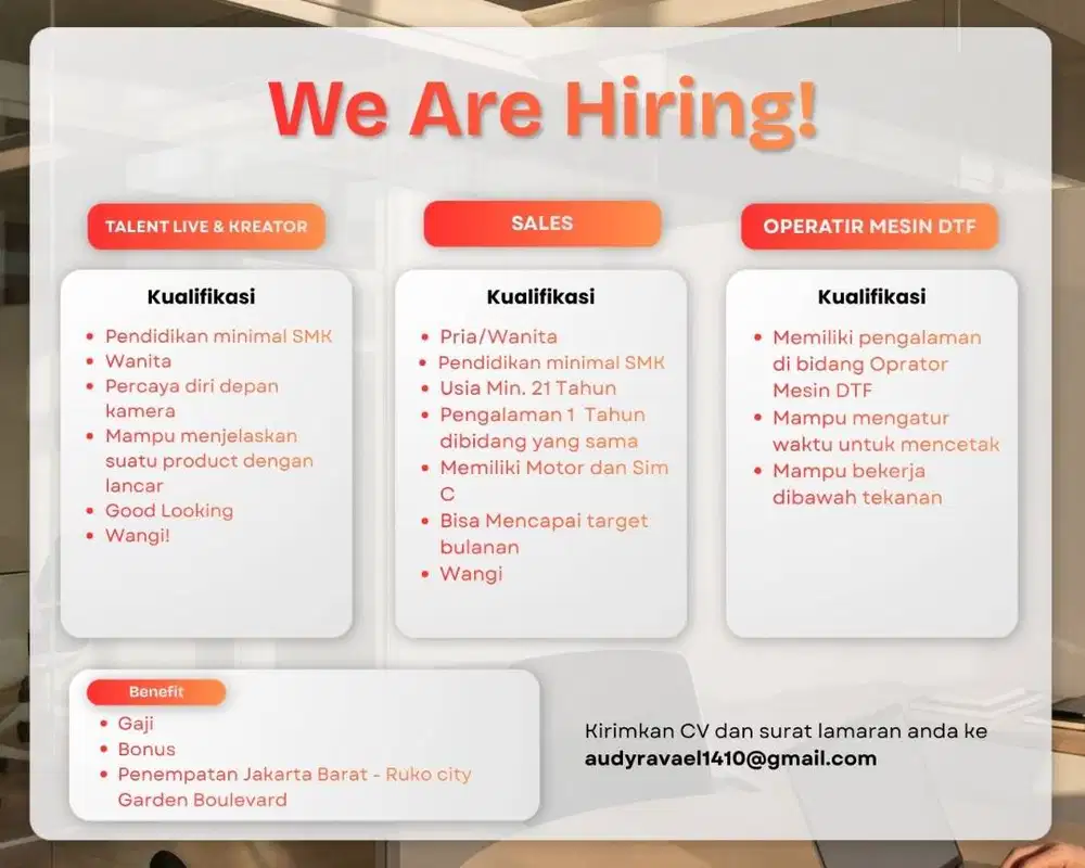 Dibutuhkan Segera: Talent Live, Sales & Operator Mesin DTF | Jakarta