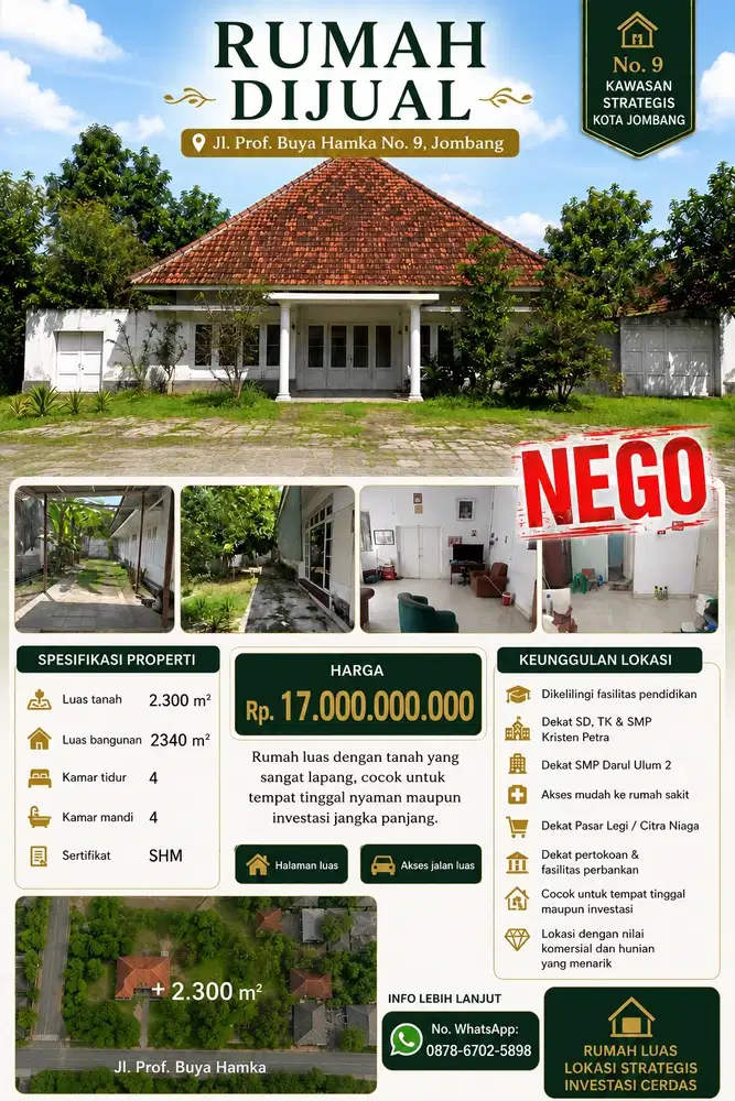 DIJUAL RUMAH PREMIUM JOMBANG – TANAH 2.300 M² | BANGUNAN 900 M² | SHM