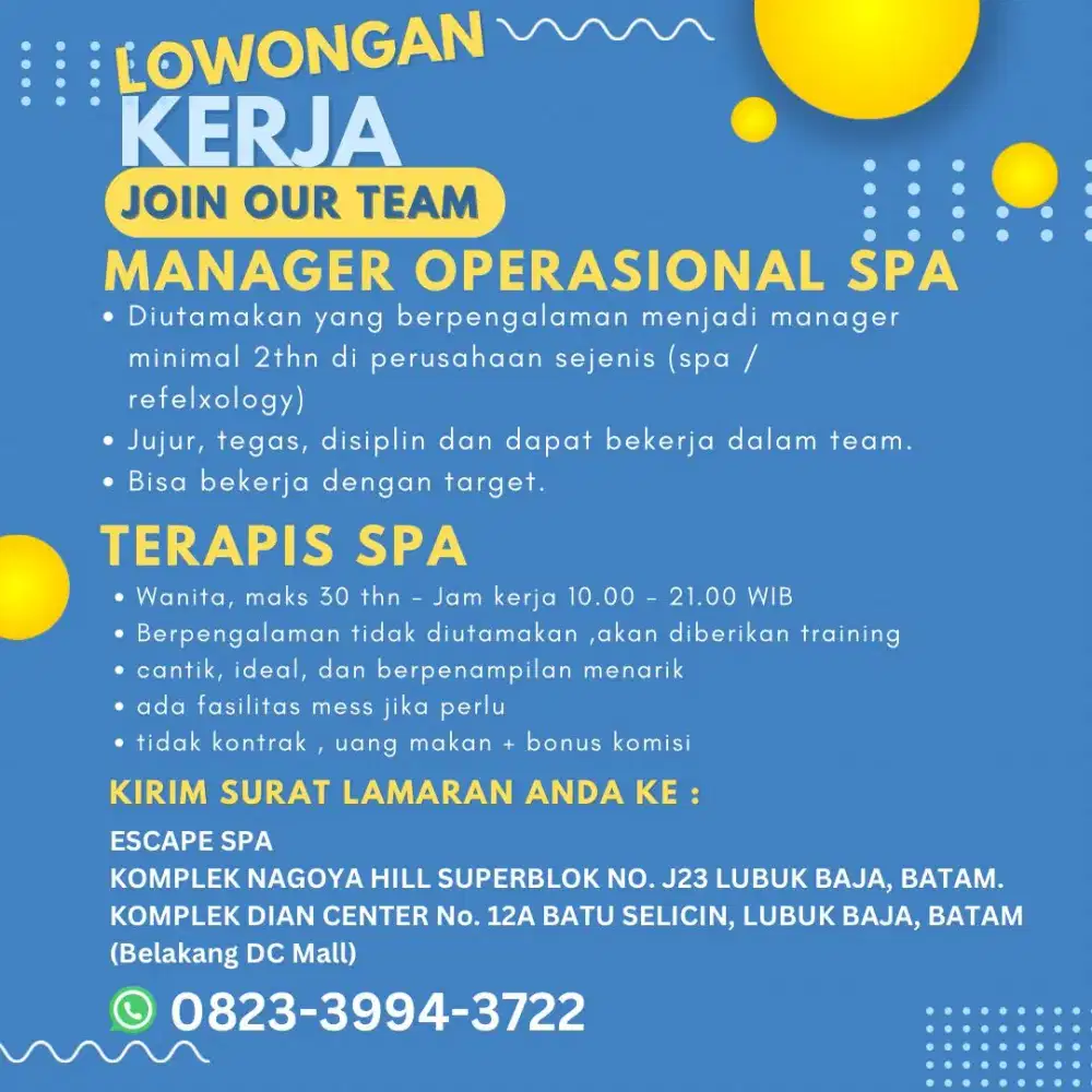 Dibutuhkan manager operasional dan terapis spa