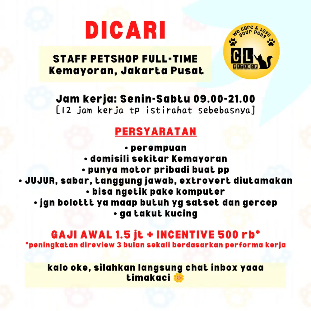 LOKER STAFF TOKO PETSHOP FULL TIME